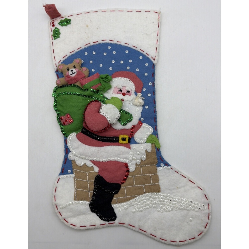 Christmas Stocking felt Hand stitched Down The Chimney finished bucilla